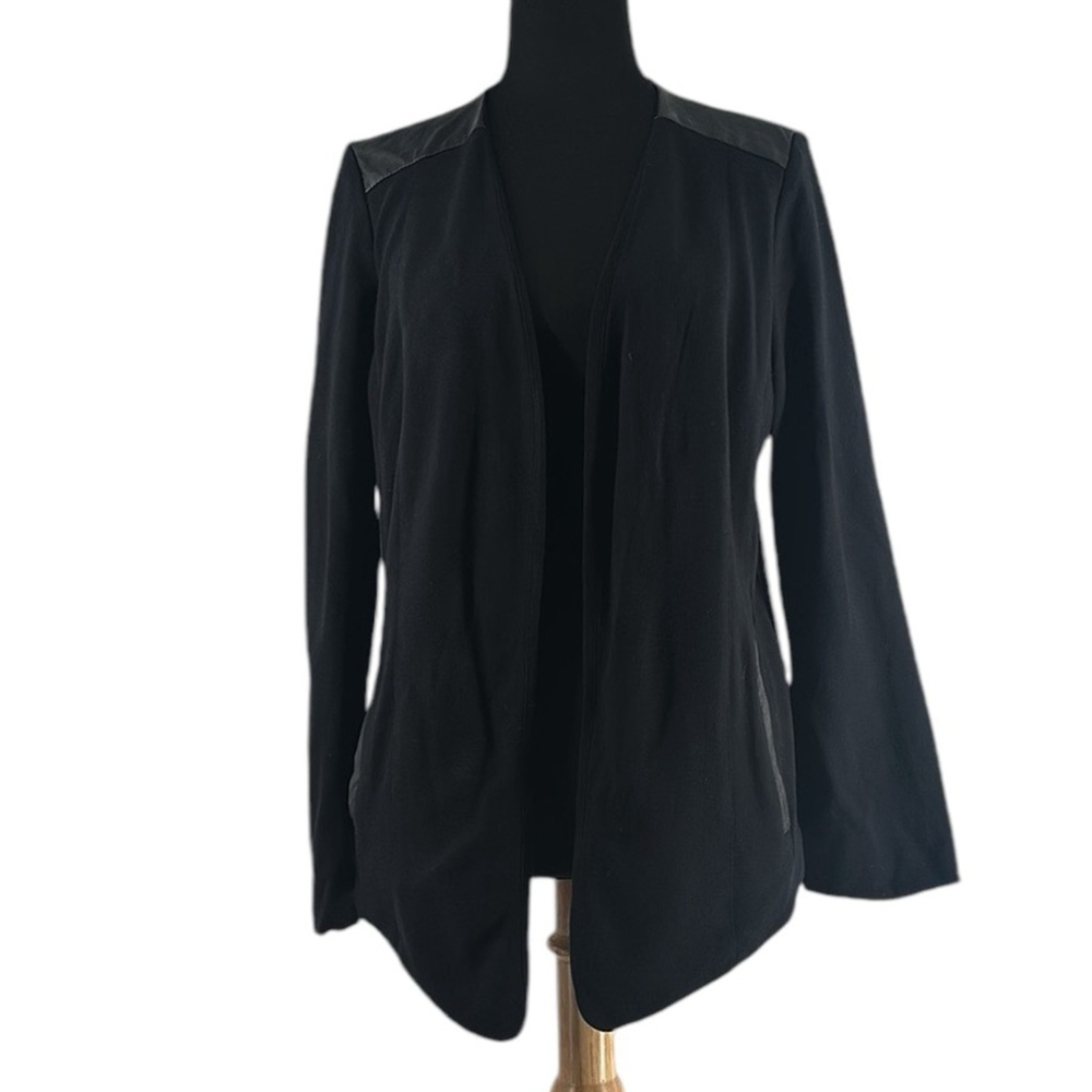 Eileen Fisher blazer open front black faux leather accents business casual sz m